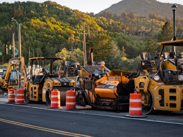 Road engineering project with heavy machinery